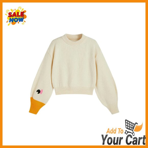 Sweaters - Chunky Cropped Pullover Sweater with Goose Graphic, Acrylic Knit